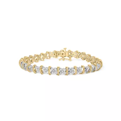 10K Yellow Gold Plated .925 Sterling Silver 2.0 Cttw Round Diamond Cluster "X" Shaped Link Bracelet (H-I Color, I3 Clarity) - 7"