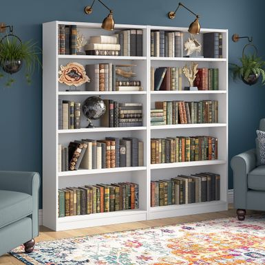 image of Universal Tall 5 Shelf Bookcase Set of 2 by Bush Furniture - 36.97"L x 12.00"W x 72.00"H - 36.97"L x 12.00"W x 72.00"H - White with sku:-e5tuki32faiixxrkt8a6qstd8mu7mbs-overstock