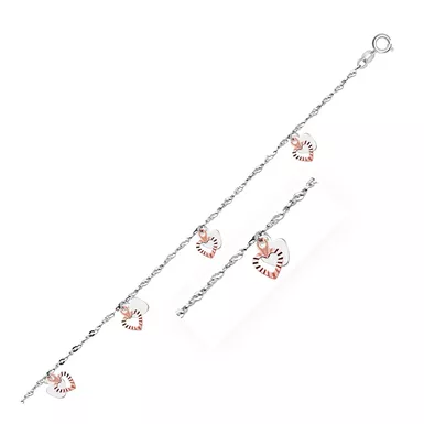 image of 14k White and Rose Gold Anklet with Dual Heart Charms (10 Inch) with sku:d183160-10-rcj