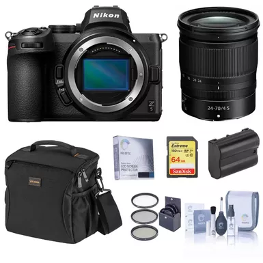 Nikon Z5 Full Frame Mirrorless Camera with NIKKOR Z 24-70mm f/4 S Lens - Bundle with Bag, 64GB SD Card, Filter Kit, Extra Battery, Screen Protector, Cleaning Kit