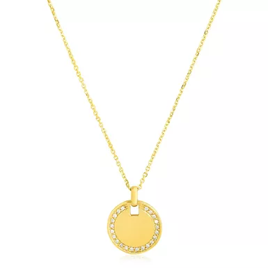 14k Yellow Gold High Polish Diamond Round Disc Tag Necklace