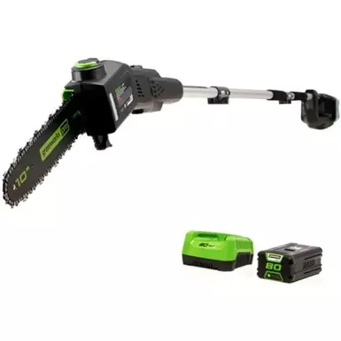 image of Greenworks - 80-Volt 10-Inch Brushless Cordless Pole Saw with 14.5 foot reach (1 x 2Ah Battery and Charger) - Green with sku:bb22122564-bestbuy