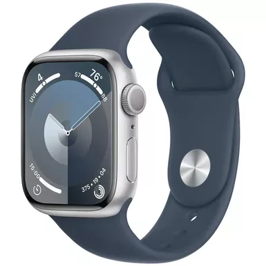 Apple Watch Series 9 GPS Aluminum Case, - Silver Case - Storm Blue Sport Band - Medium/Lar