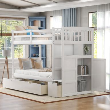 image of Twin Over Full/Twin Bunk Bed, Convertible Bottom Bed, Storage Shelves and Drawers - White with sku:0sbvohiyd3d0fnakujfd-qstd8mu7mbs-overstock