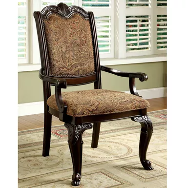 Traditional Fabric Dining Arm Chairs in Brown Cherry/Brown (Set of 2)