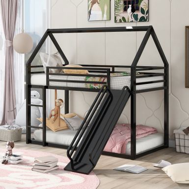 image of Nestfair Twin over Twin House Bunk Bed with Ladder and Slide - Black with sku:qngkgi5s1vhaplo5fup4tqstd8mu7mbs--ovr