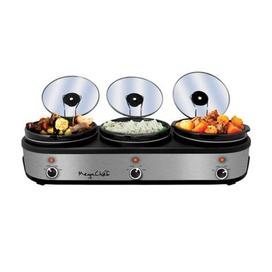 image of MegaChef Buffet Server Slow Cooker with Triple 2.5 Quart Cooking Pots - Silver with sku:t4yrudm1ykt-l2xnne9-bgstd8mu7mbs-overstock