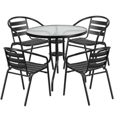 image of Flash Furniture 31.5'' Round Glass Metal Table with 4 Black Metal Aluminum Slat Stack Chairs with sku:byrtaliyge45eh43v6wnhgstd8mu7mbs-fla-ovr