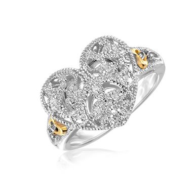 image of Designer Sterling Silver and 14k Yellow Gold Filigree Heart Ring with Diamonds (Size 6) with sku:96648-6-rcj