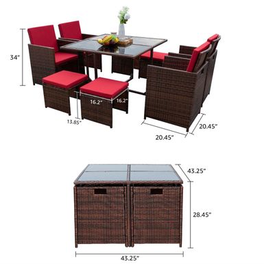 Homall 9 Pieces Patio Dining Sets Outdoor Space Saving Rattan Chairs with Glass Table Sectional Conversation Set with Cushions - Red