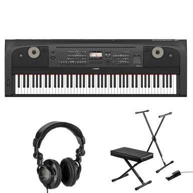 image of Yamaha DGX670 88-Key Portable Grand Piano, Black, Bundle with Keyboard Stand/Bench Pack with Sustain Pedal and Closed-Back Studio Monitor Headphones with sku:yhdgx670ba-adorama