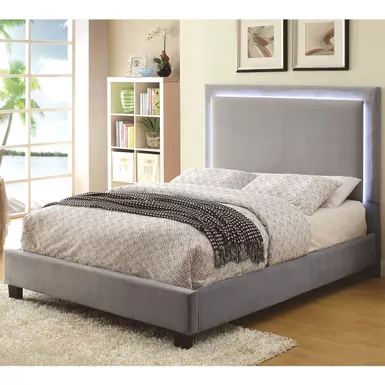 image of Contemporary Fabric Queen Bed with LED Lights in Gray with sku:idf-7695gy-q-foa