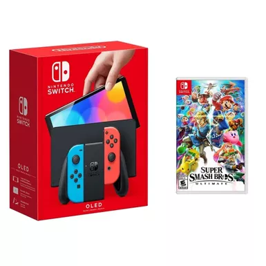 image of Nintendo - Switch OLED Neon (Red/Blue) + Super Smash Bros BUNDLE with sku:nswolnessb-floridastategames