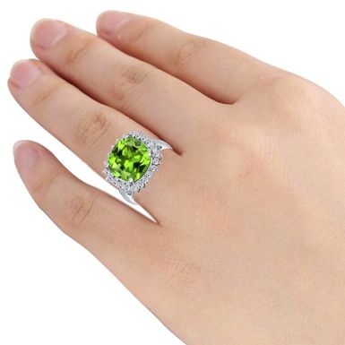 Orchid Jewelry 925 Sterling Silver Simulated Peridot, White Topaz & Diamond Halo Cocktail Ring - Green - 7