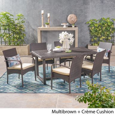Harlowe Outdoor 7 Piece Wicker Dining Set with Cushions by Christopher Knight Home - grey + grey cushion