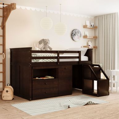 image of Nestfair Twin Size Loft Bed With Storage Steps and Portable Desk - Espresso with sku:ucuqmmkjm7ccu9awyo_nbgstd8mu7mbs--ovr