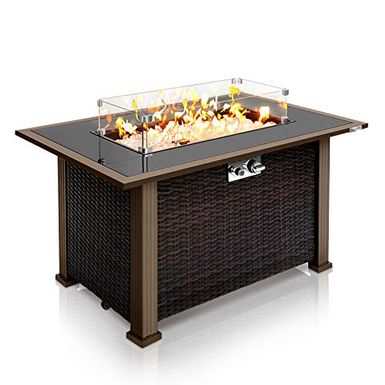 image of Outdoor Propane Fire Pit Table - CSA Approved Safe 50,000BTU Auto-Ignition Propane Gas Fire Table - Rattan Panel, Glass Wind Guard, Black Tempered Glass Tabletop, Clear Glass Rock - SereneLife SLFPTL with sku:b08rzc37w4-ser-amz