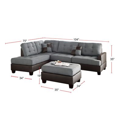 3 Piece Sectional Sofa with Ottoman - Grey