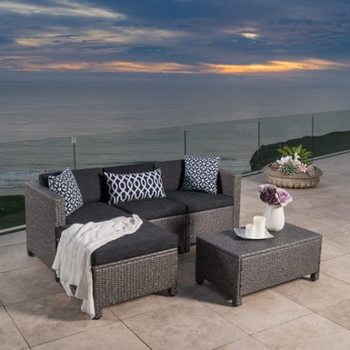 Outdoor Puerta PE Wicker L-shaped Sectional 5-piece Sofa Set with Cushions by Christopher Knight Home - Brown Wicker with Beige Cushions