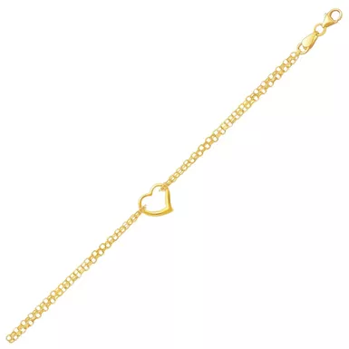 10k Yellow Gold Double Rolo Chain Anklet with an Open Heart Station (10 Inch)