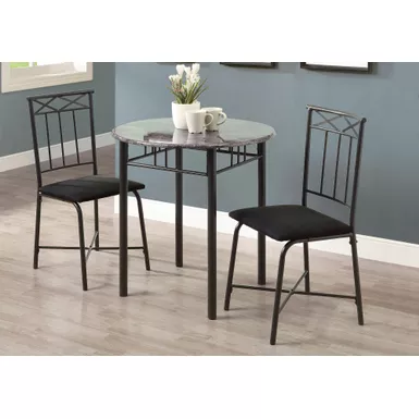 image of Dining Table Set/ 3pcs Set/ Small/ 30" Round/ Kitchen/ Metal/ Laminate/ Grey Marble Look/ Black/ Transitional with sku:i-3065-monarch