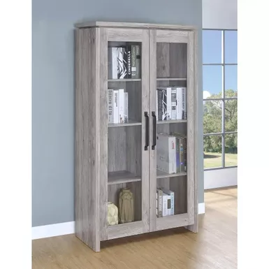 image of Spacious Wooden Curio Cabinet With Two Glass Doors, Gray - gray with sku:lvzk66mxnu-sustzmrot2astd8mu7mbs-overstock