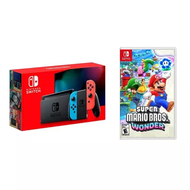 image of Nintendo - Switch 1.1 (Red/Blue) + Super Mario Wonder BUNDLE with sku:nswv2neosmw-floridastategames