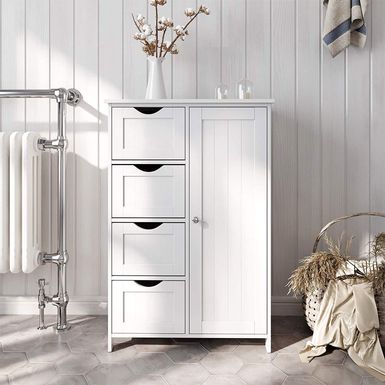 image of Nestfair White Bathroom Storage Cabinet with Adjustable Shelf and Drawers - White with sku:nqwrt-km4pxznrdy-sjr1qstd8mu7mbs-overstock