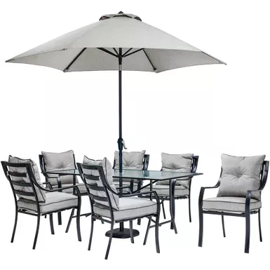 image of Lavallette 7pc Dining Set: Glass Table, 6 Cushion Chairs, Umbrella/Base with sku:lavdn7pc-su-almo
