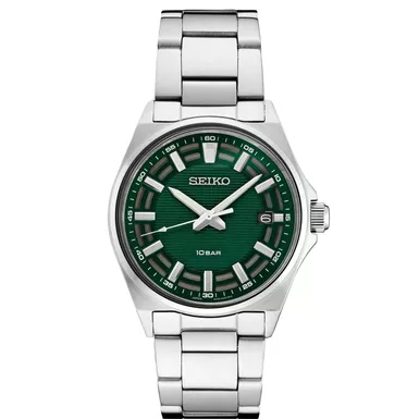 Seiko - Mens Essentials Silver-Tone Stainless Steel Watch Green Dial