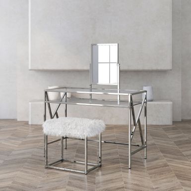 image of DH LUX Glam Glass Vanity Table and Stool Set by Denhour - Chrome with sku:ckkm_v3bgybtwed1ixtpygstd8mu7mbs--ovr