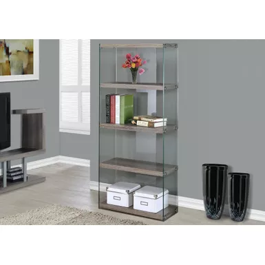 image of Bookshelf/ Bookcase/ Etagere/ 5 Tier/ 60"H/ Office/ Bedroom/ Tempered Glass/ Laminate/ Brown/ Clear/ Contemporary/ Modern with sku:i-3060-monarch