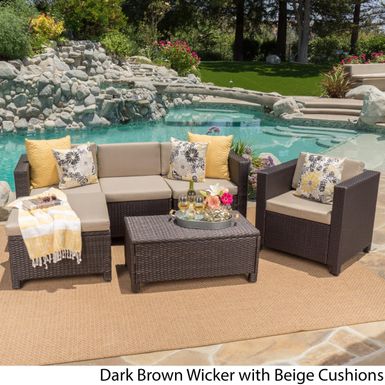 Rent To Own Puerta Outdoor 6 Piece Wicker L Shaped Sectional Sofa Set With Cushions By Christopher Knight Home Dark Brown With Beige Cushions Flexshopper