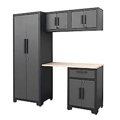 image of Torin AGPZC30121002B 5 Piece Garage Storage Cabinet Set: Workshop Tool Organizer Chest with Lockers, Shelves and Wood Workbench, Black/Grey with sku:b0c5ylpcfc-amazon