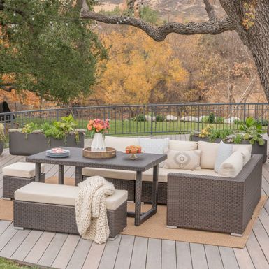 image of Santa Rosa Outdoor 7-Piece Rectangle Aluminum Wicker Dining Sofa Set with Cushions by Christopher Knight Home - Grey with sku:z9cvt2yfx1ngewzalqmi8astd8mu7mbs-chr-ovr