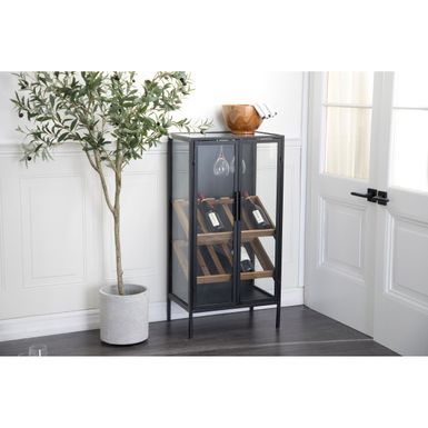 image of Black Metal 10 or 15 Bottle Standing Wine Rack with Wine Glass Holders and Wood Accents - 14"W x 21"L x 41"H - Black with sku:7xkcinuhroyxu23p0ocsxqstd8mu7mbs-overstock