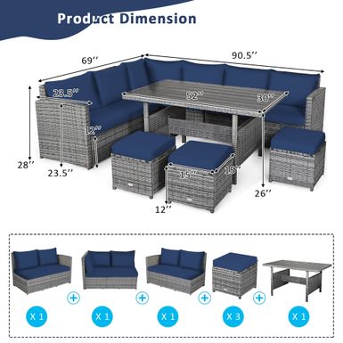 Costway 7 PCS Patio Rattan Dining Set Sectional Sofa Couch Ottoman - Grey