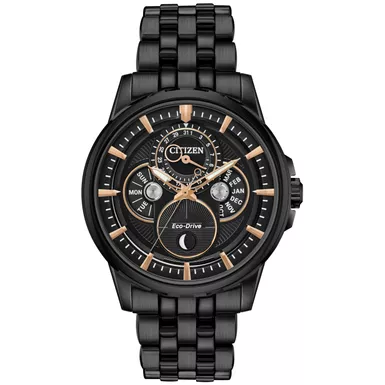 image of Citizen - Mens Calendrier Moonphase Eco-Drive Black Ion-Plated Watch Black Dial with sku:bu0057-54e-powersales