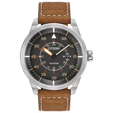 image of Citizen - Mens Avion Eco-Drive Brown Leather Strap Watch Dark Gray Dial with sku:aw1361-10h-powersales