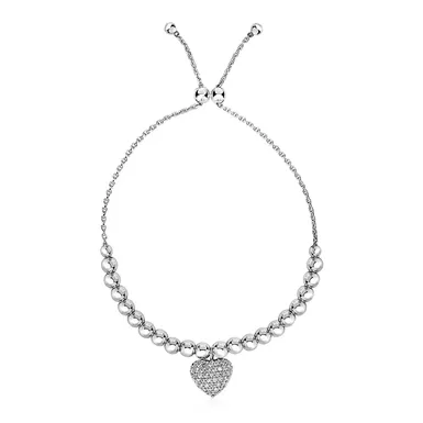 Adjustable Bead Bracelet with Round Charm and Cubic Zirconias in Sterling Silver (9.25 Inch)