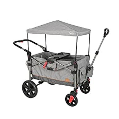 image of BusyBee Foldable Stroller Wagon for 2 Kids, Push Pull Collapsible Stroller with Adjustable Handle Bar, Removable Canopy, 5-Point Harness, Shock-Absorbing Wheels, Support up to 110lbs, Grey with sku:b096n7676h-amazon