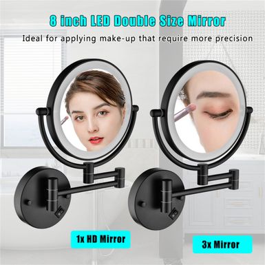 image of 8 Inch LED Bathroom Mirror Wall Mount Two-Sided Magnifying Makeup Vanity Mirror 360 Degree Rotation Waterproof Button. - 8'' - Black with sku:pk2-lj0t8aaqeaczdzsmmwstd8mu7mbs--ovr
