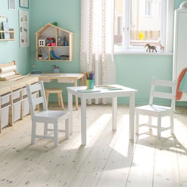 image of Kids 3 Piece Solid Hardwood Table and Chair Set for Playroom, Kitchen - White with sku:sx7sdx5cexz4eyukeon5zastd8mu7mbs-overstock