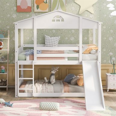 image of Merax Twin over Twin House Bunk Bed with Convertible Slide and Ladder - White with sku:ecttqukctt-ndraejedz1qstd8mu7mbs--ovr
