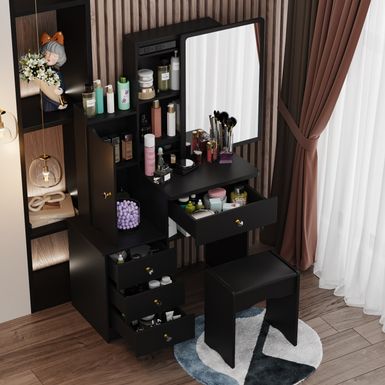 image of Makeup Vanity Set with Mirror and stool - Black with sku:-s1yuzu4y0rmy2sydgcb5wstd8mu7mbs-overstock