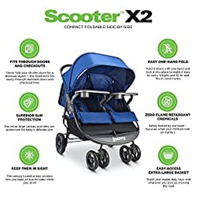 Joovy Scooter X2 Side-by-Side Double Stroller Featuring Dual Snack Trays, One-Handed Fold, Multi-Position Reclining Seats, Adjustable Leg...
