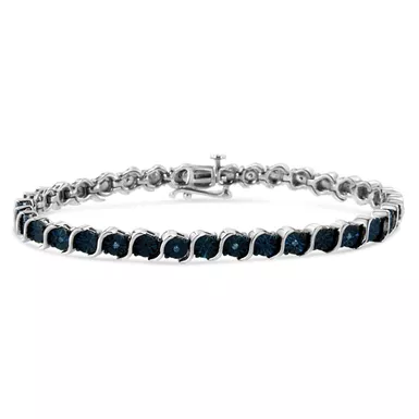 .925 Sterling Silver 1/10 Cttw Miracle-Set Treated Blue Color Diamond Miracle Plate "S" Link Tennis Bracelet (Blue Color, I2- I3 Clarity) - 7.25"