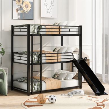 image of Merax Twin Size Triple Bunk Bed with Built-in Long Ladder and Slide - Black with sku:ij2ars8outhohia-0aqozqstd8mu7mbs--ovr