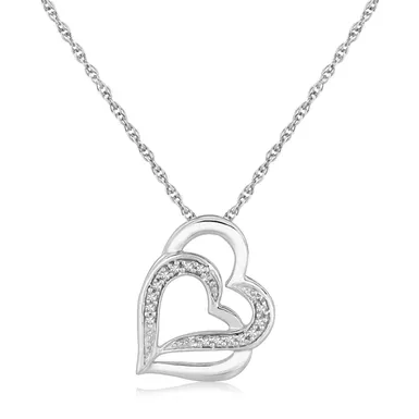 image of Sterling Silver Dual Heart Motif Pendant with Diamonds (.06 cttw) (18 Inch) with sku:d32773041-18-rcj