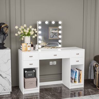 image of Boahaus Thalia Vanity with Light Bulbs - White - 5-drawer with sku:8tkdxg-7ibwooks4ceii1qstd8mu7mbs-boa-ovr